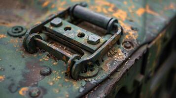A macro shot of a hood latch on a military vehicle showcasing the rugged and durable mechanisms necessary for extreme offroad use photo