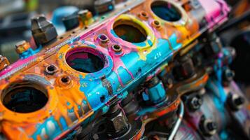 Closeup of an engine block that has been painted in vibrant colors making it stand out from traditional metal blocks photo