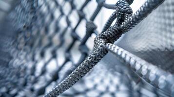 The cargo net is suspended between two points forming a triangular shape. The tension created by the perfectly angled lines provides stability and ensures safety for the goods bein photo