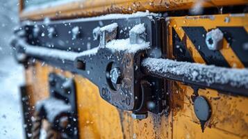 A photograph of a hood latch on a snowplow demonstrating the heavyduty and weatherresistant construction necessary for harsh winter conditions photo