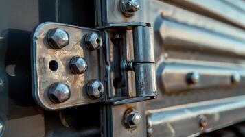 A closeup shot of a hood latch on a truck with a heavyduty design featuring multiple bolts and sy hinges photo
