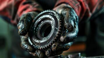 A mechanics greasecovered hand holding a freshly greased wheel bearing ready to be installed on a cars axle for smooth and frictionless movement photo