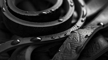 A closeup reveals the intricate patterns of tension on the rubber surface of the engine belt formed by the unyielding grip of the pulleys and gears it powers photo
