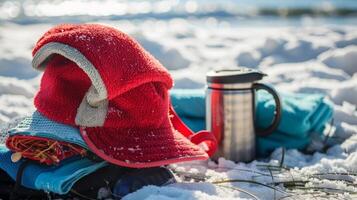 A red fleecelined swim cap with ear flaps and chin s is propped up next to a pile of towels and thermoses on a snowy beach photo
