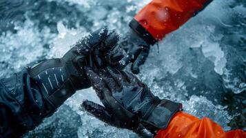 A pair of thick insulated gloves with webbed fingers are shown being worn by a persons hands as they prepare to dive into the icy water photo