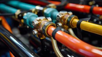 The varying thickness and color of the fuel lines indicate their different functions and sizes from the main supply line to the smaller feeder lines photo