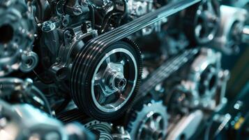 A view of the entire engine belt in motion showcasing the fluid and synchronized movements of all its components working together to power the engine and keep it running smoothly photo