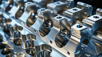 A closeup of a Vshaped engine block with multiple layers of metallic components stacked on top of each other photo