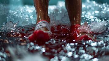 A closeup of an athletes legs submerged in an ice bath the water turning a deep shade of red as it circulates around their muscles photo