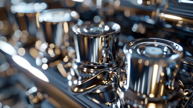 Closeup of an engine block made from shiny chrome with a smooth and reflective surface that catches the light photo
