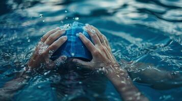 A closeup of someones hands nervously adjusting their swim cap before jumping into a frigid lake photo
