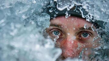 A person submerged in an ice bath their breath visible in the cold air with a look of determination and focus photo