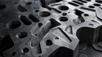 Closeup of an engine block made from matte black steel with bold and angular designs etched into its surface photo