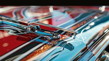 A detailed closeup of a hood latch on a custombuilt car with unique and intricate designs reflecting the owners personal style and preferences photo