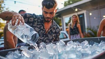 A man pouring a bucket of ice cubes into a large tub ready to take on the challenge with his friends photo