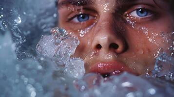 A closeup of a persons face as they submerge themselves in an ice bath their lips pursed in preparation for the cold shock photo