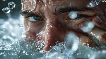 A closeup of an athletes hand gripping the edge of an ice bath their face contorted in a mix of pain and determination photo