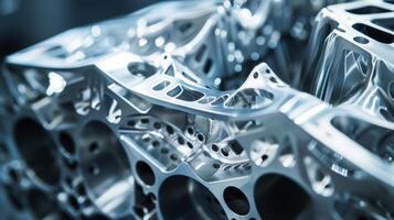 A detailed shot of an engine block with a unique triangular shape made from lightweight yet durable materials photo