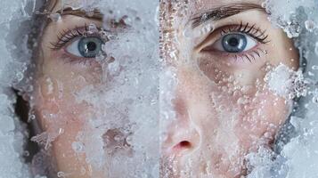 A sidebyside comparison of a persons face before and after the ice bath showing the visible effects of the extreme cold photo