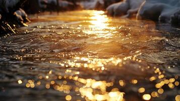 The light of the setting sun casting a warm glow on the surface of a frigid forest stream where a brave soul is taking an ice plunge photo