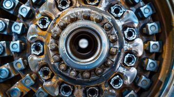 A closeup of a trucks wheel bearing featuring multiple rows of sy triangularshaped rollers arranged in a circular formation photo