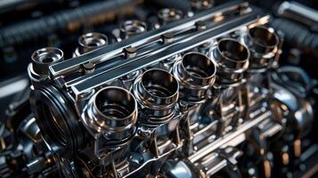 A detailed shot of an engine block featuring different sized cylinders creating a visually interesting and complex design photo