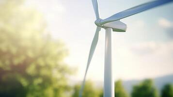 Closeup of a modern wind turbine, generating renewable energy to power electric vehicles. photo