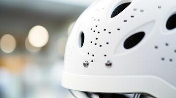 Closeup of a white skate helmet with adjustable ss and ventilation holes. photo