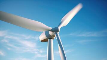 Detailed shot of a spinning wind turbine blade casting a shadow on a bright blue sky. photo