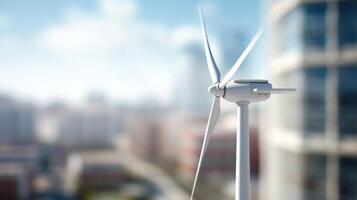 Macro view of a wind turbine generator in motion, surrounded by urban buildings. photo