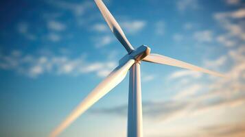 Closeup of the slender, modern design of a wind turbine with sleek blades ting through the air. photo