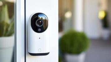 Closeup of a security camera, streaming live footage of a smart homes front door on a smartphone. photo