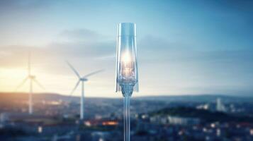 Close view of a wind turbine tower towering over the surrounding city buildings. photo