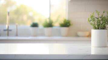 Detailed shot of a minimalist kitchen with white cabinets and a marble countertop. photo