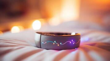 Closeup of a smart ring that measures sleep patterns and calories burned throughout the day. photo