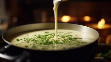 Closeup of a mixing s stirring a creamy and nutritious soup in a bubbling pot. photo