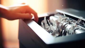 Closeup of a hand turning the handle of a manual paper shredder. photo