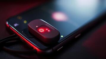 Closeup of a small sensor on the back of a smartphone, allowing for remote monitoring of vital signs and symptoms. photo