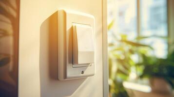 Closeup of motion sensor attached to light switch for automated control. photo