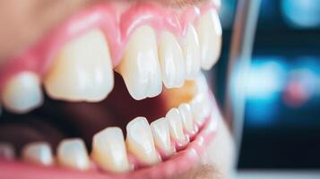 Detailed view of teeth and gums on a monitor during a dental examination using AI analysis. photo