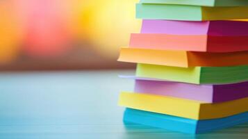 Macro of a stack of colorful sticky notes, each one representing a different idea for content creation. photo