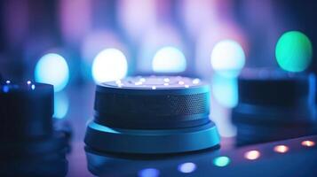 Closeup of a voiceactivated speaker system, with advanced sound control options. photo