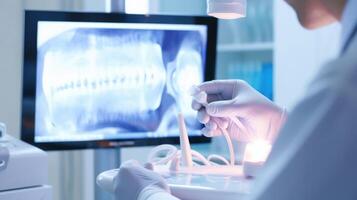 Macro shot of a dentists hand holding a dental probe while using AI dental analysis software. photo