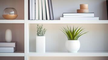 Closeup of a sleek white bookshelf with minimal decor items. photo