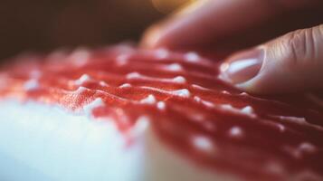 Macro shot of a patch of red, inflamed skin being coated with medicated cream. photo