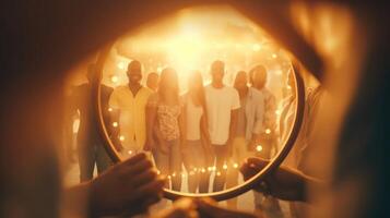 Closeup of a photo frame containing a picture of a diverse group of people holding hands and smiling, representing unity and understanding.