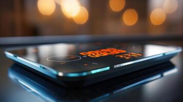 Closeup of a weight scale with a builtin app that tracks body composition and progress. photo