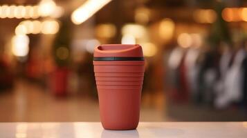 Macro of a trendy, collapsible travel mug for those who prioritize sustainability and reducing waste in their daily routines. photo