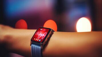 Closeup of a heart rate monitor on a patients arm, showing their current heart rate. photo