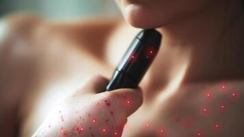 Detailed closeup of a virtual examination of a skin rash, with the dermatologist using a digital pen to circle affected areas on the screen. photo